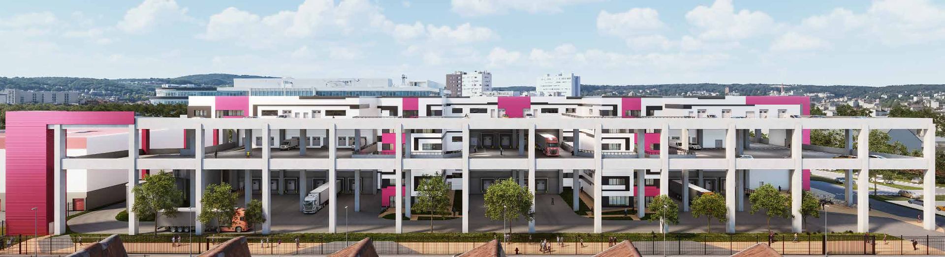 Élévation du programme Cadences : trois niveaux superposés ouverts sur la ville, poteaux béton et bardage rythmé de magenta.